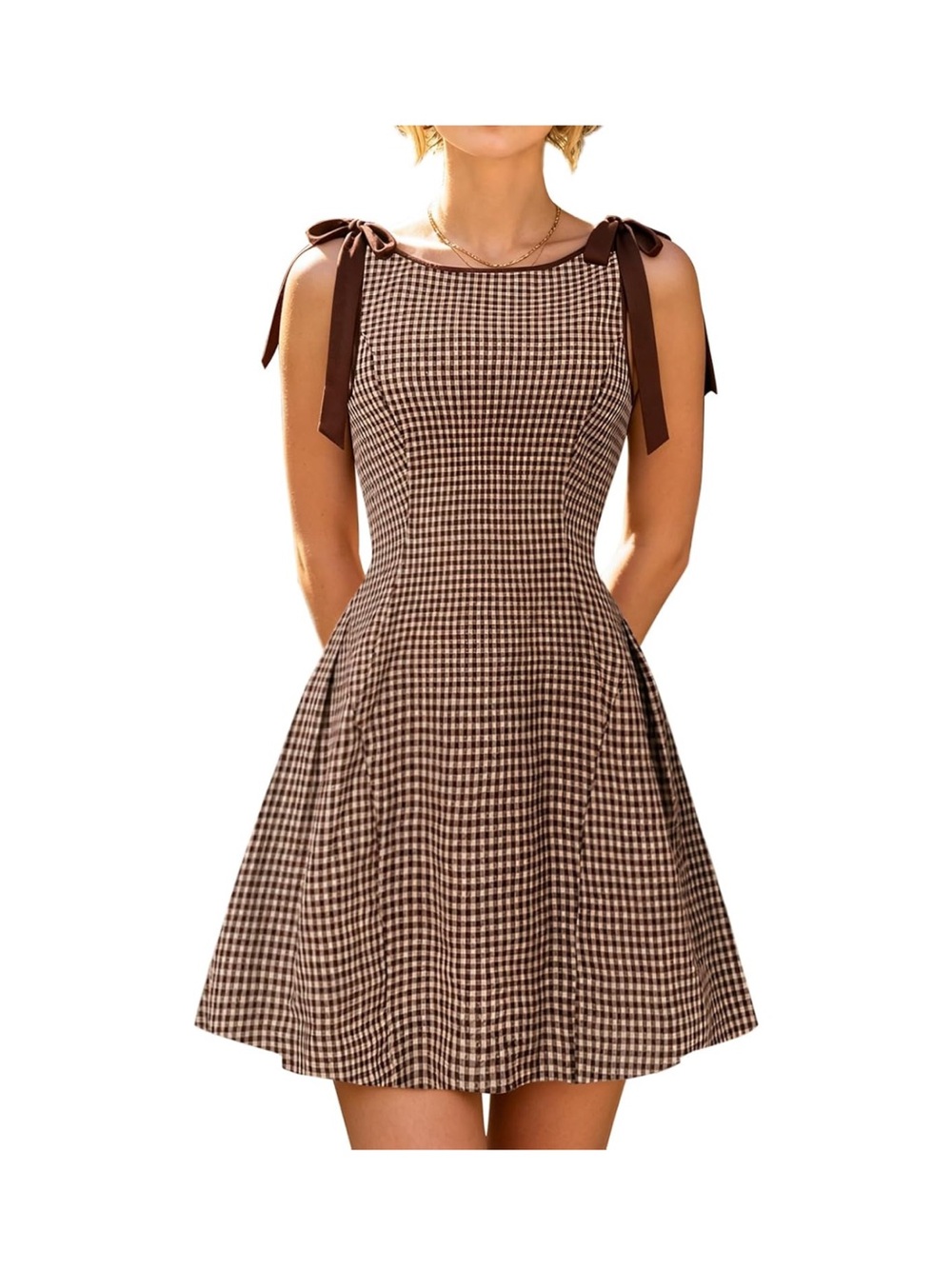 RIHOAS Brown Gingham Tie-Shoulder A-Line Mini Dress